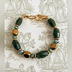 Large Natural Green Jade Barrel, Picasso Beads & Gold Nugget Bead Bracelet